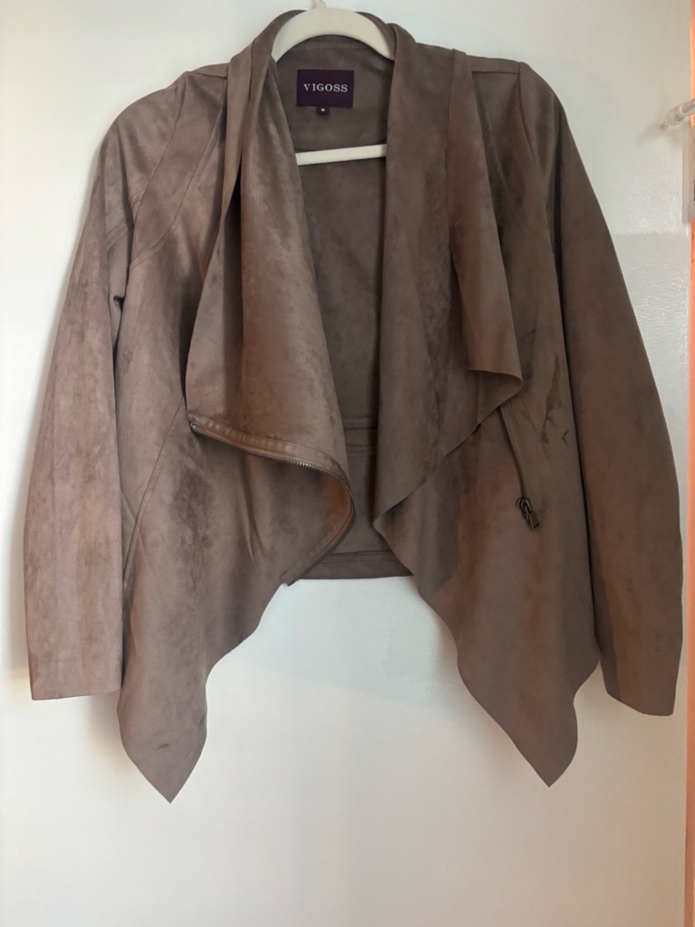 Vigoss Taupe Suede-Effect Draped Open-Front Jacket